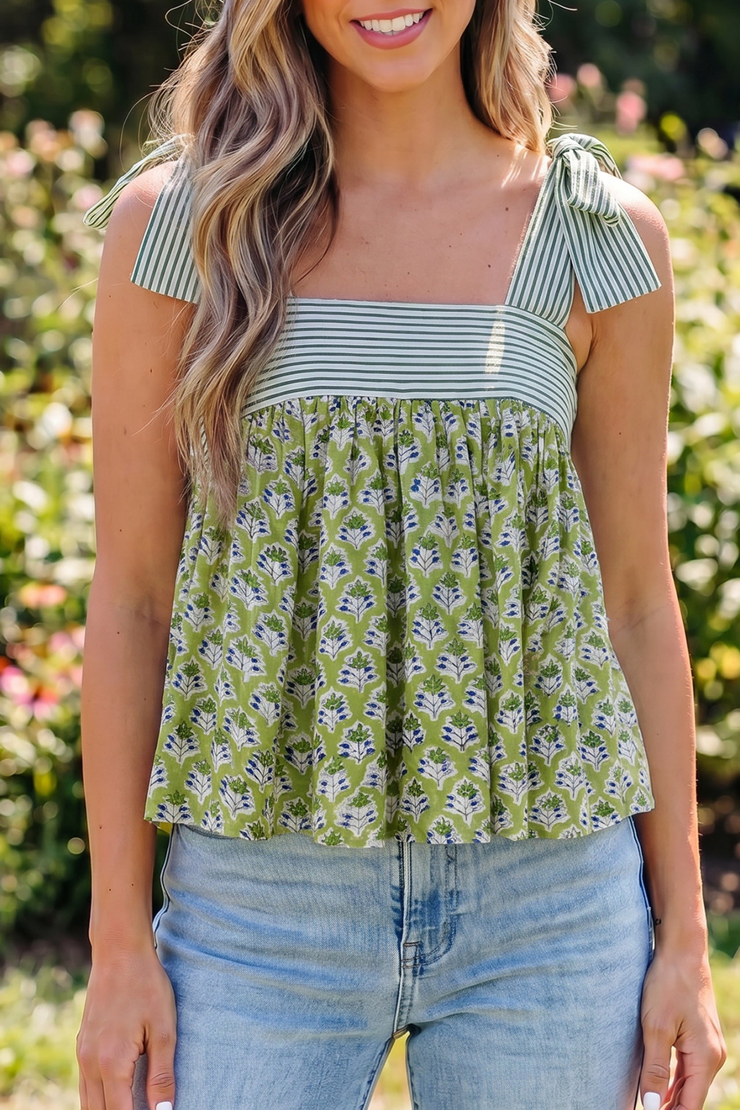 Green Fashion Printed Knot Straps Babydoll Tank Top