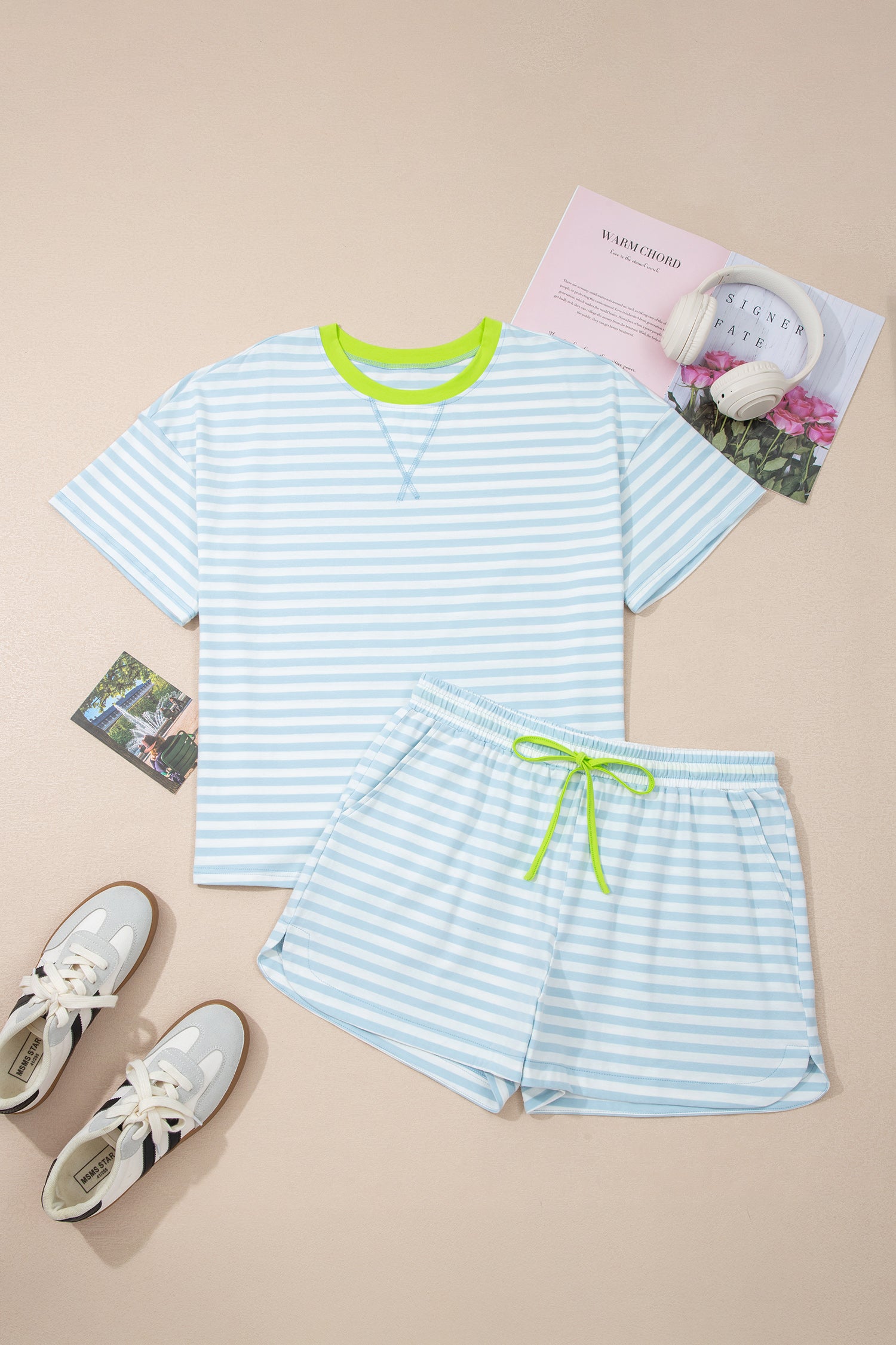 Yellow Stripe Contrast Neck Loose Tee and Drawstring Shorts Set