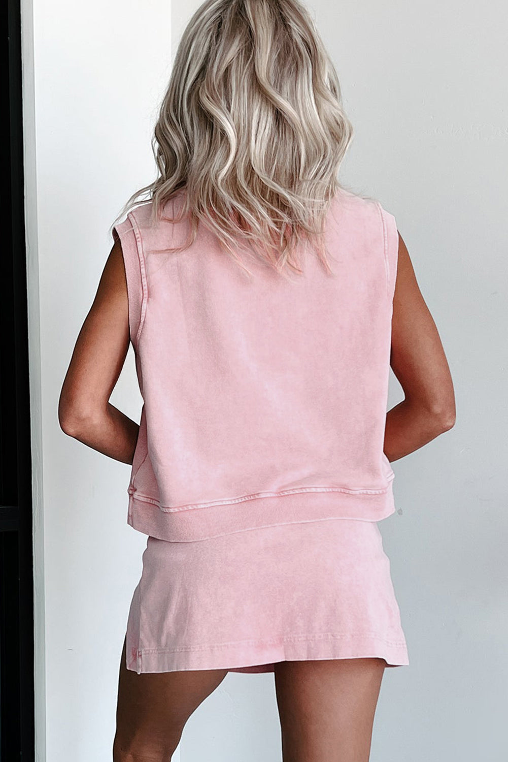 Smoke Gray 2 Pieces Mineral Wash Cotton Tank Top Lined Split Skort Set