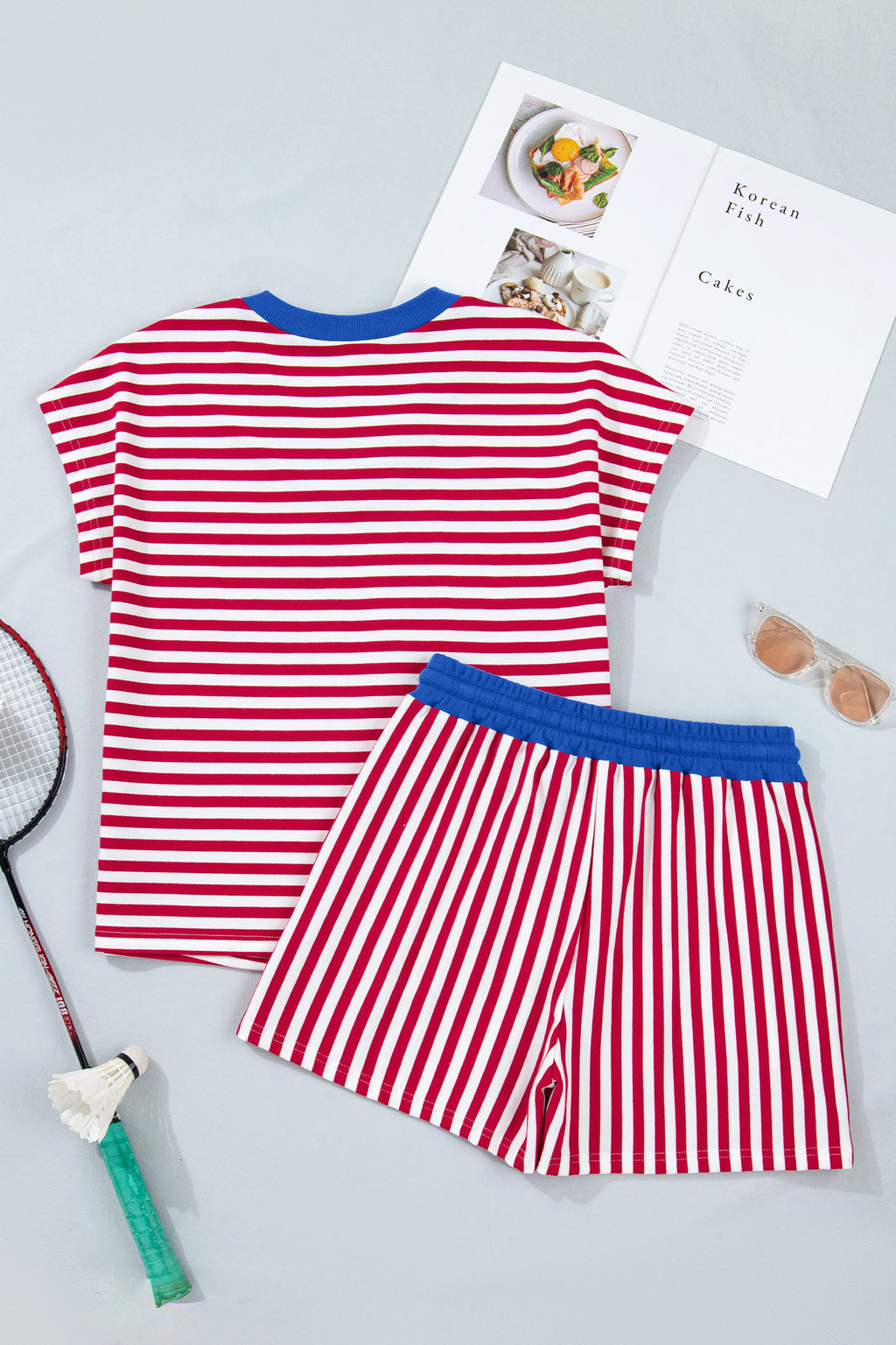 Yellow Stripe Colorblock Trim V Neck Tee Drawstring Elastic Waist Short Set